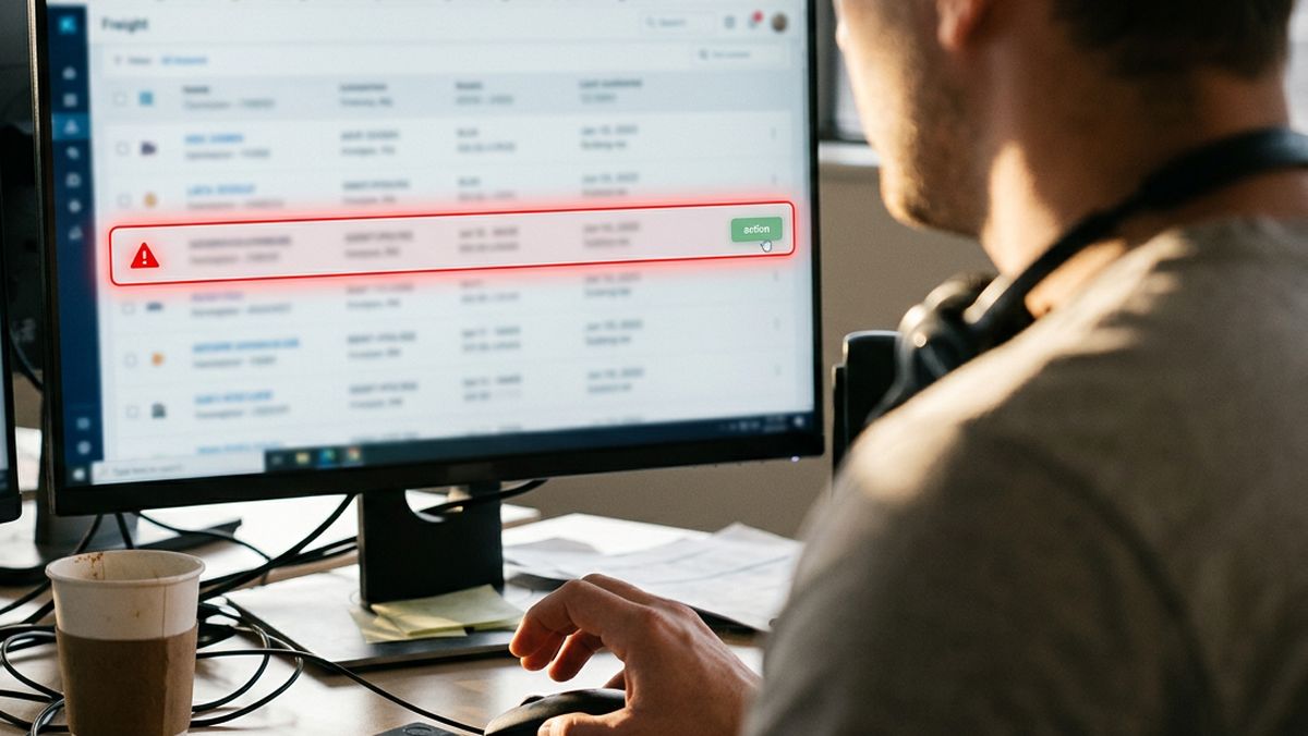 Disponent am Bildschirm, ein Angebot in der Frachtbörse ist rot markiert, die Hand zögert vor dem Klick