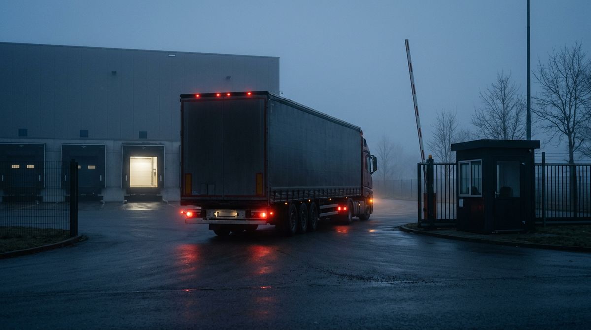 Ein beladener Sattelzug verlässt im Morgennebel den Hof eines Logistiklagers, die Schranke ist offen