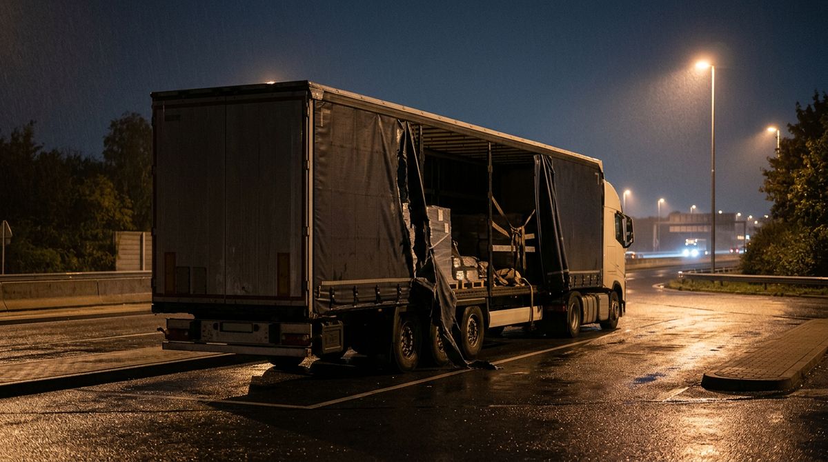 Sattelzug nachts auf einem Rastplatz, die Plane aufgeschlitzt, ein Teil der Ladung fehlt